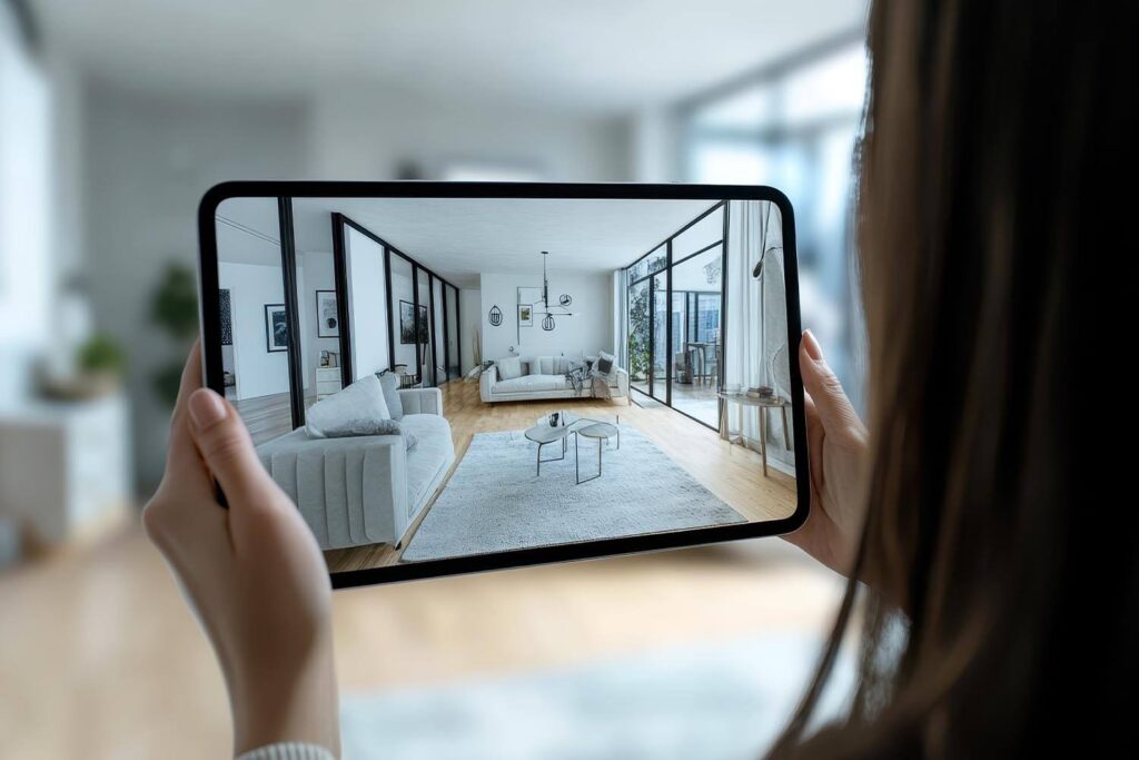 Closeup looking over woman's shoulder as she takes a photo of her living room with a tablet