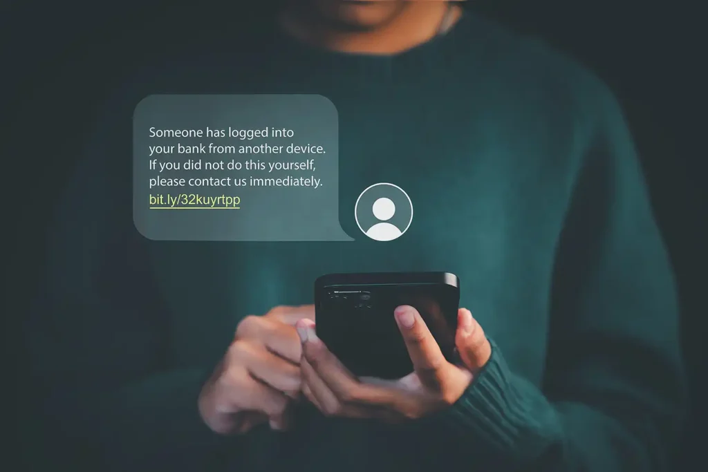 Person holding smartphone with phishing scam message alert about bank login, representing online fraud, cybersecurity threats, identity theft, and internet safety awareness.