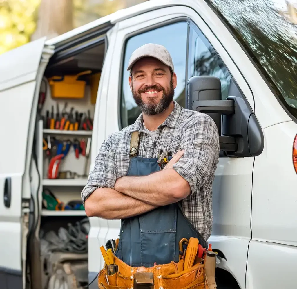 A smiling contractor stands confidently by a service van, showcasing tools and a professional demeanour.