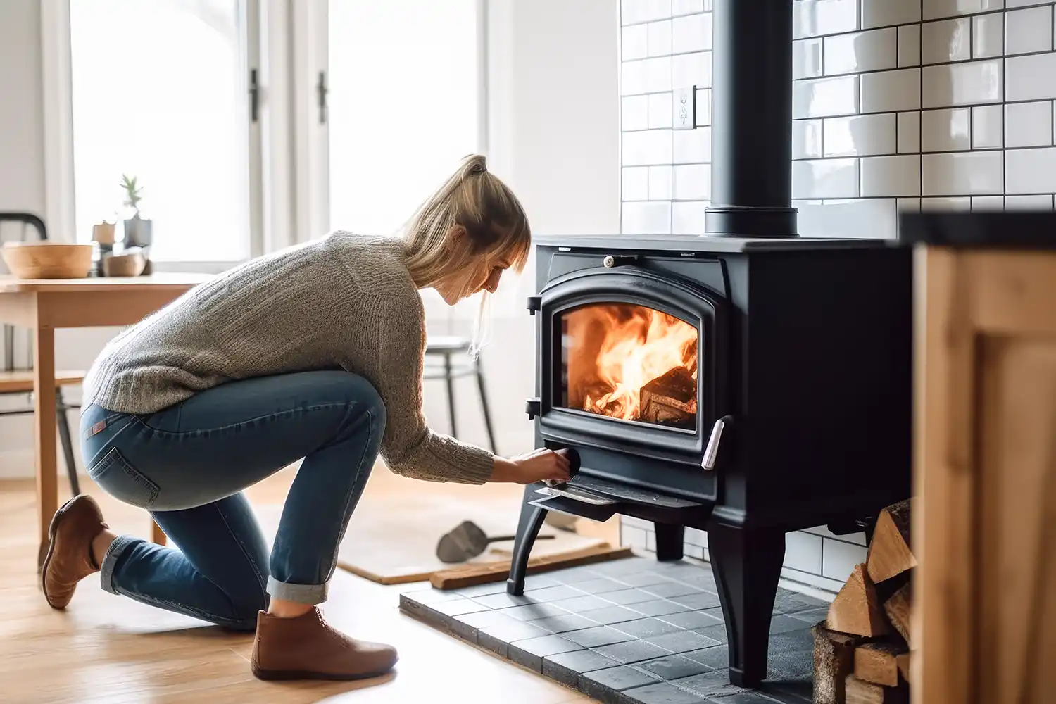 Woman adjusting airflow for wood burning stove