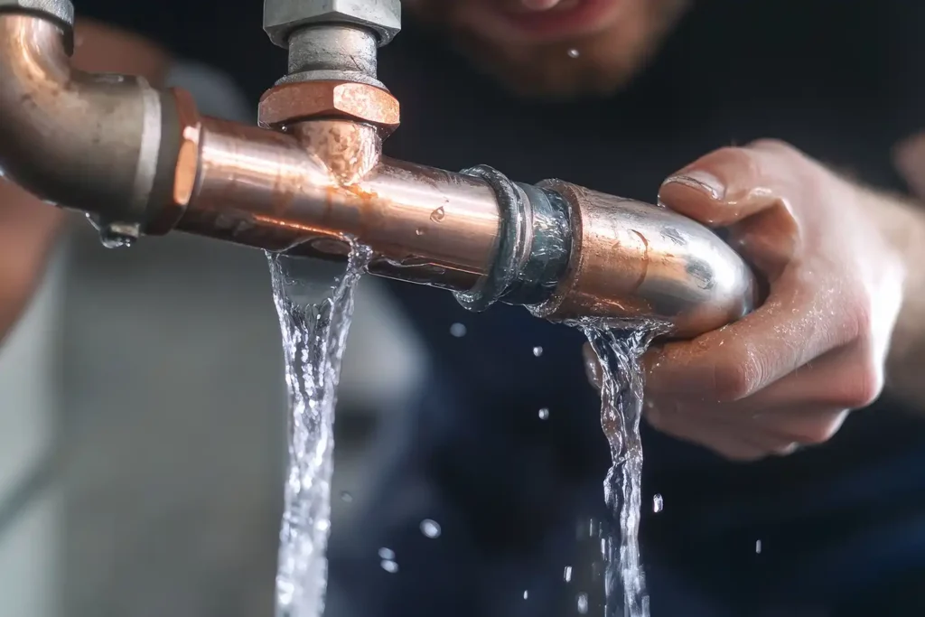 Plumber repairing a burst water pipe in a basement.