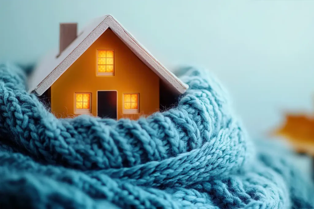 Home in a knitted scarf on a blue background, Concept of the heating system in a winterized house. Keeping warm in the house