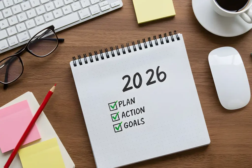 Business office desk with notebook written about plan listing of new year goals and resolutions
