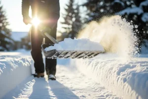 Man shovelling snow and backlit by setting sun.