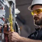 A male electrician works in a switchboard with an electrical connecting cable.