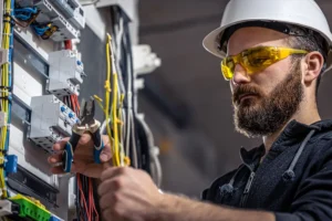A male electrician works in a switchboard with an electrical connecting cable.