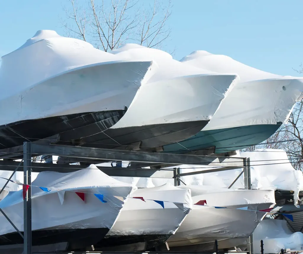 Winterized boats stored on racks
